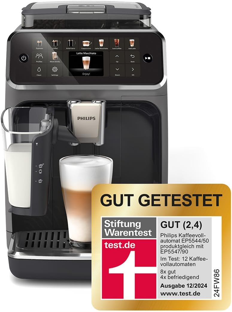 Philips-Serie 5500 Kaffeevollautomat EP5544/50– LatteGo Milchsystem,20 heiße und kalte Kaffeespezialitäten,40% leiser mit SilentBrew,Grau