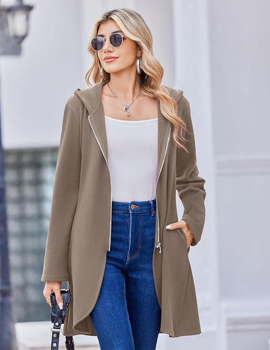 Women's Long Zip Up Hoodie Lightweight Oversized Tunic Sweatshirt Open Front Cardigan Jacket with Pockets