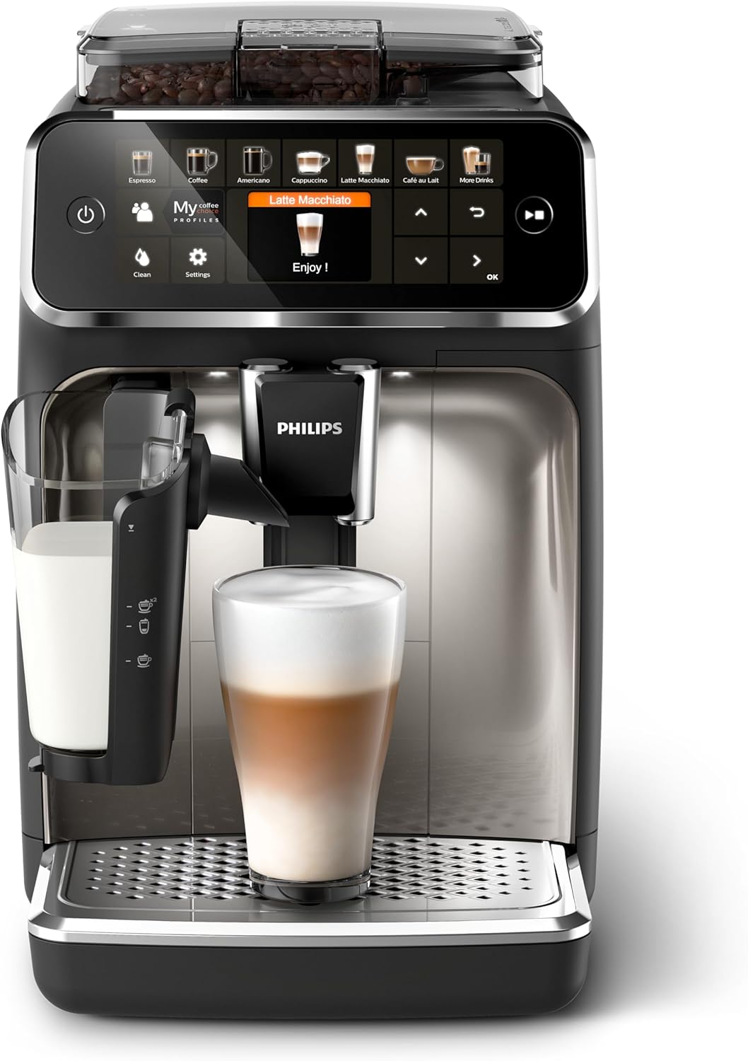 Serie 5400 EP5447/90 Kaffeevollautomat - LatteGo, 12 Getränke, Milchaufschäumer, Touchscreen, 4 Profile, Chrom-Finish